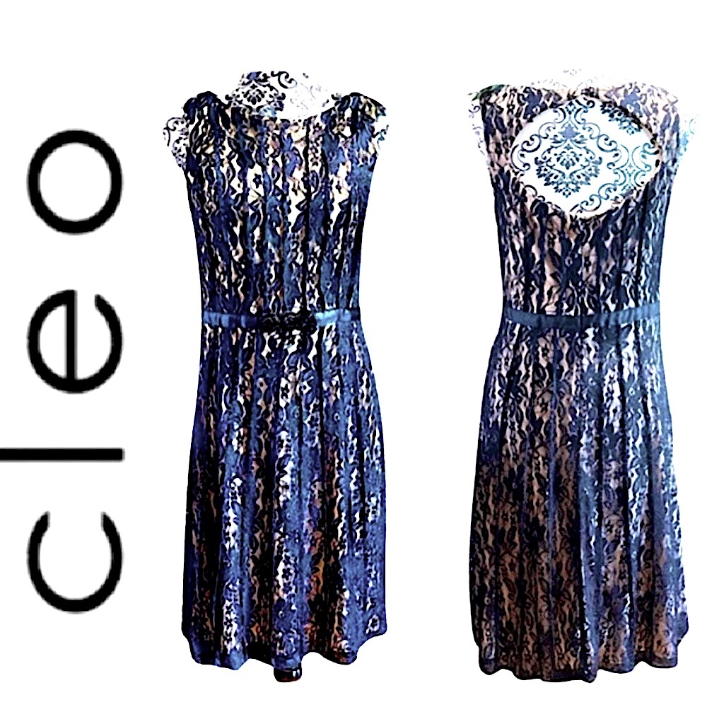 CLEO.EUC.Stunning lace midi dress w/keyhole back.Black w/tan underlay.6